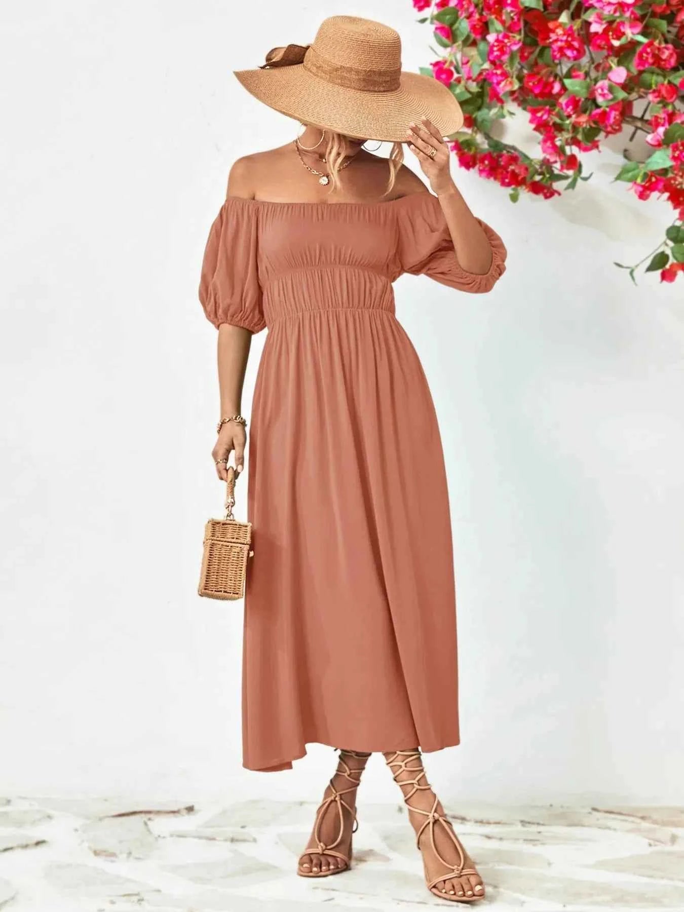 Off-Shoulder Puff Sleeve Smocked Maxi Dress