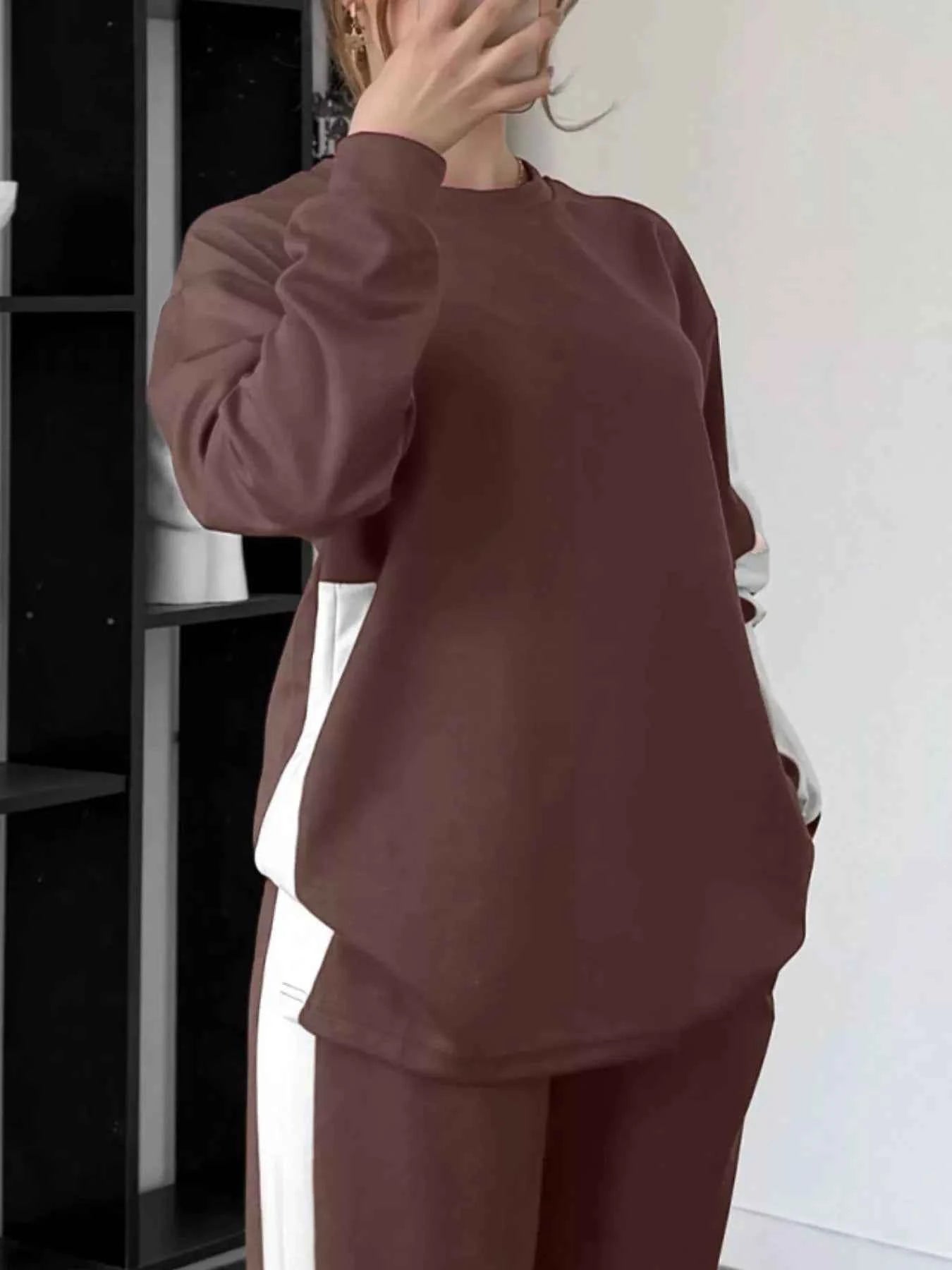 Full Size Contrast Round Neck Top and Pants Set Plus Size