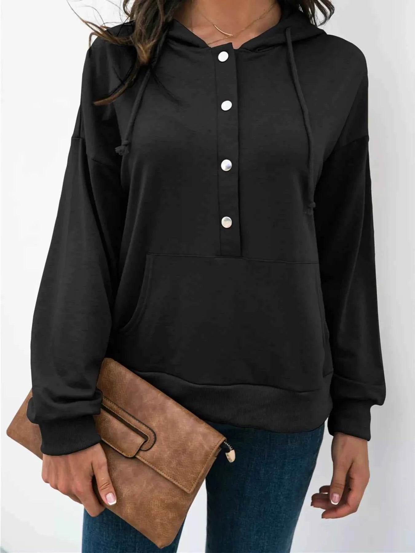 Full Size Snap-Down Hoodie with Kangaroo Pocket Plus Size