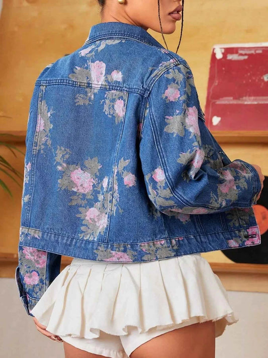 Floral Print Cropped Denim Jacket