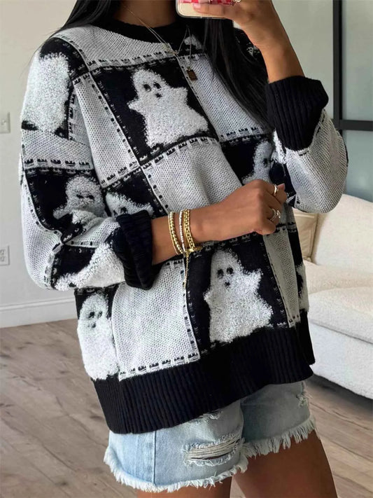 Halloween Ghost Checkered Drop Shoulder Sweater