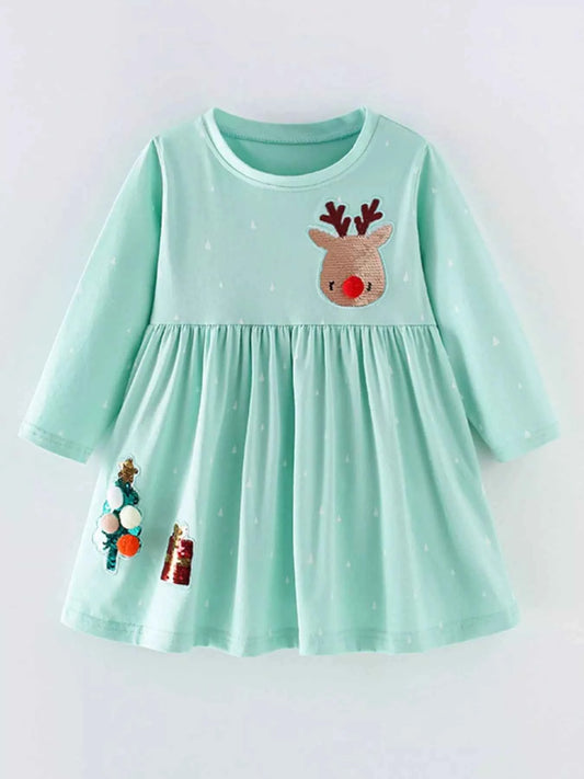 Children's Reindeer & Christmas Tree Sequin Long Sleeve Dress