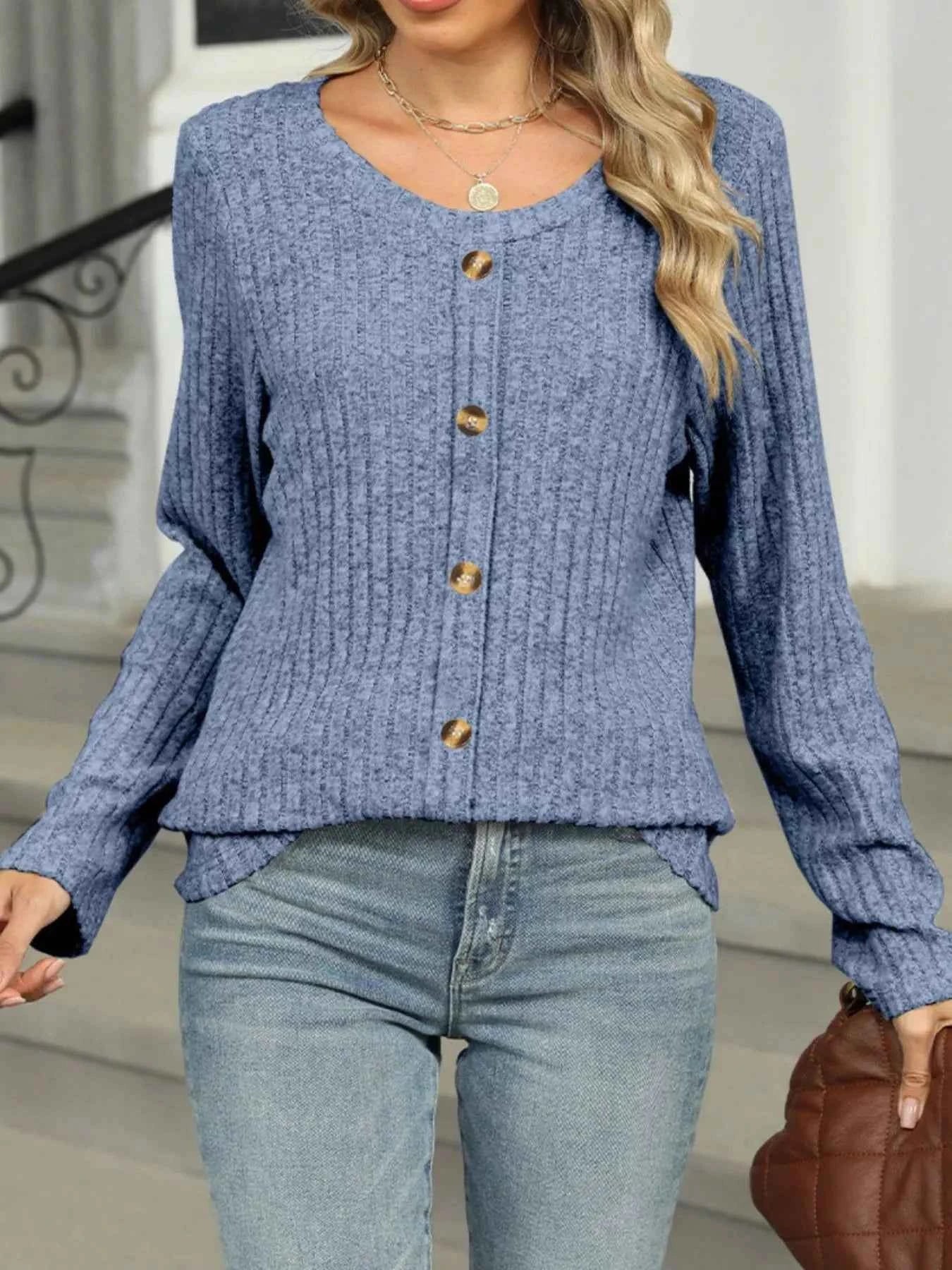 Ribbed Round Neck Long Sleeve Top