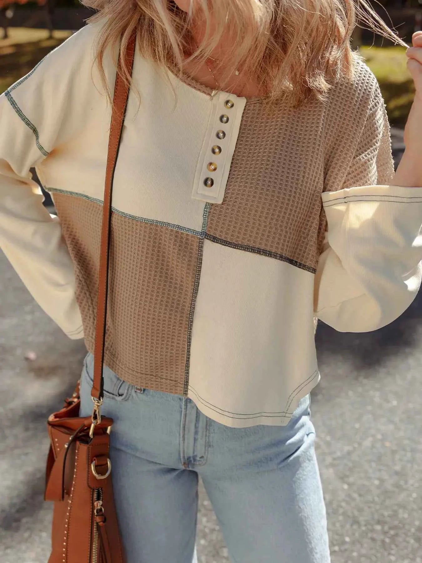 Color Block Waffle Knit Stitch Detail Long Sleeve Top