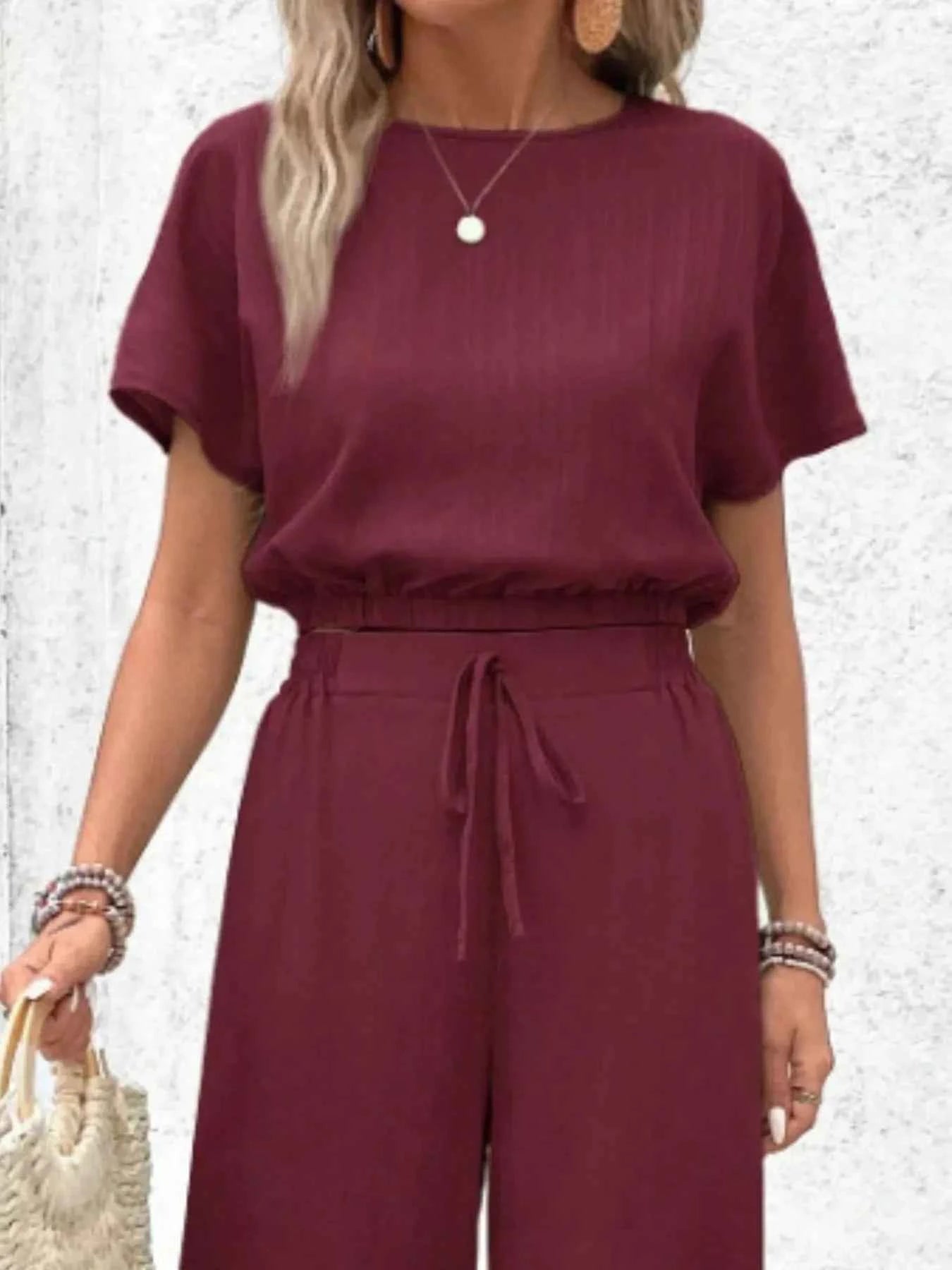 Round Neck Short Sleeve Top and Pants Set