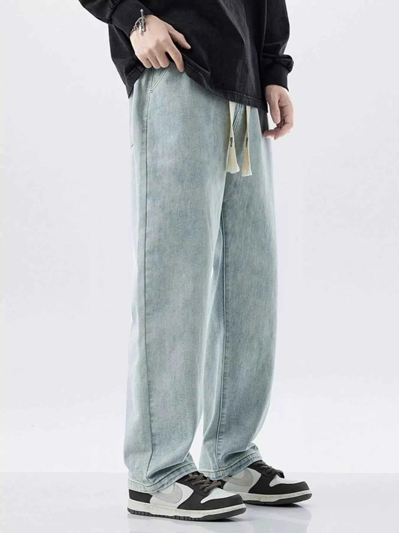 Men's Plus Size Drawstring Washed Wide Leg Jeans