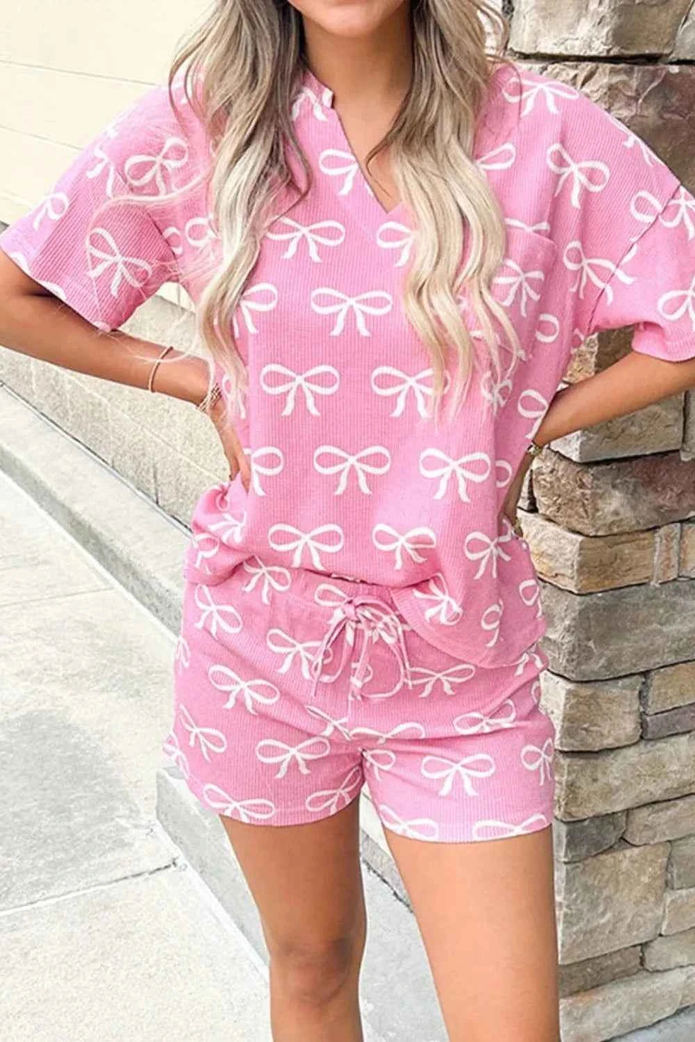 Bowknot Printed Notched T-Shirt and Shorts Set