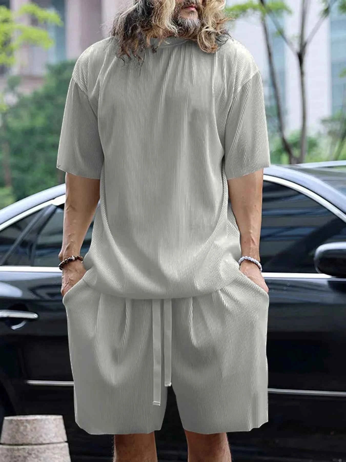 Men's Full Size Round Neck Short Sleeve Top and Shorts Set Plus Size
