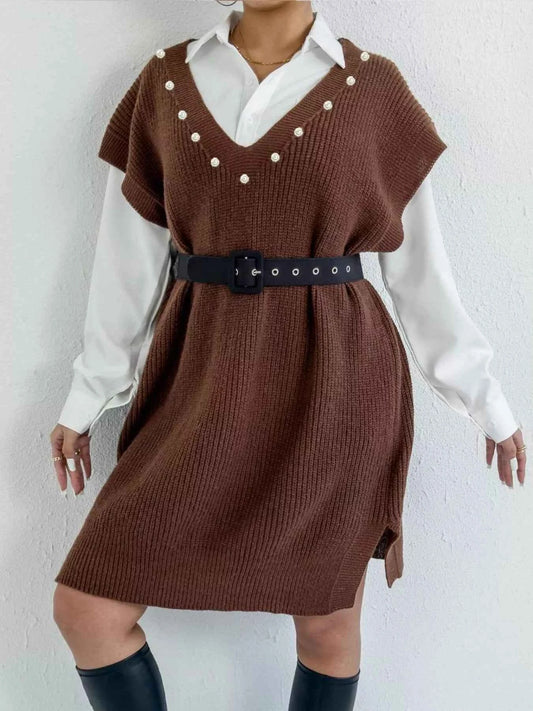 Slit V-Neck Sweater Dress