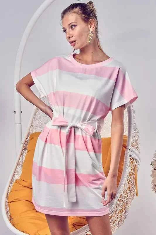 BiBi Tie Front Striped Short Sleeve Dress