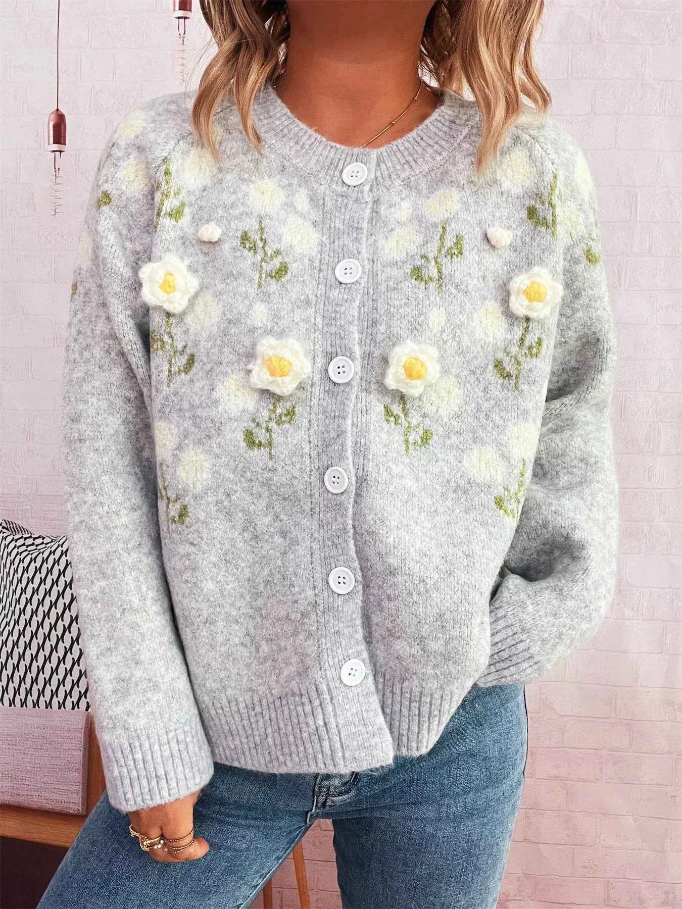 Flower Button Up Long Sleeve Cardigan