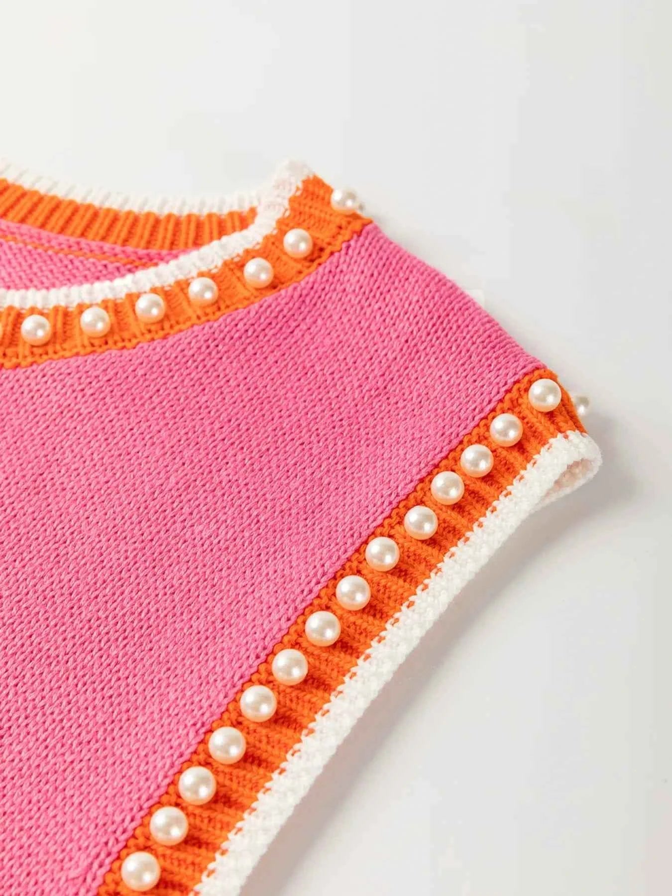 Contrast Trim Pearl Detail Sweater Tank Top