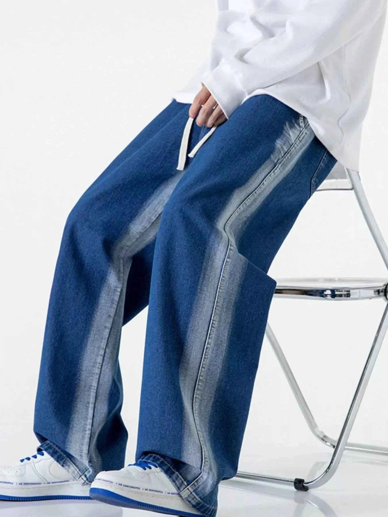Men's Full Size Drawstring Washed Wide Leg Jeans Plus Size