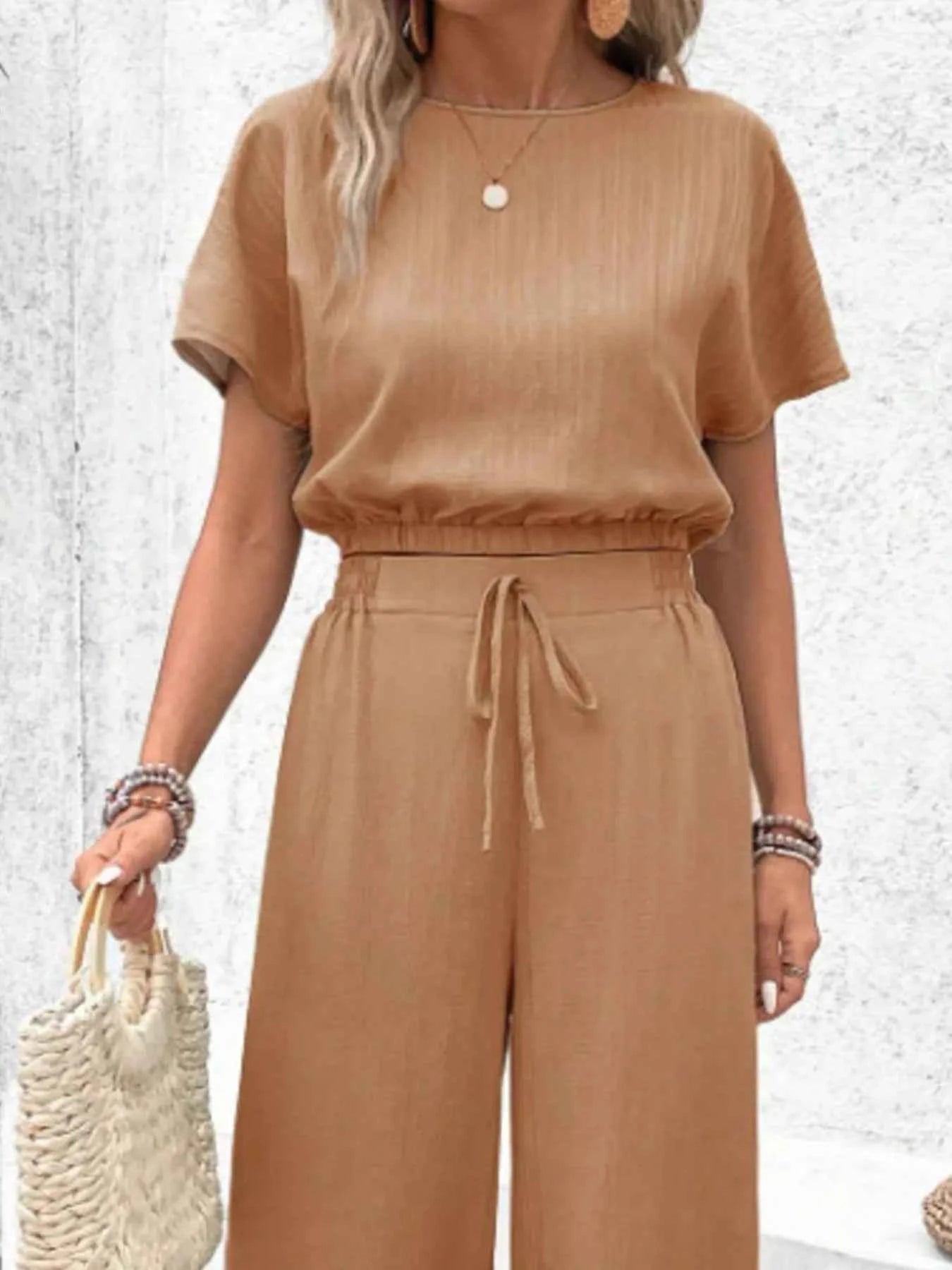 Round Neck Short Sleeve Top and Pants Set