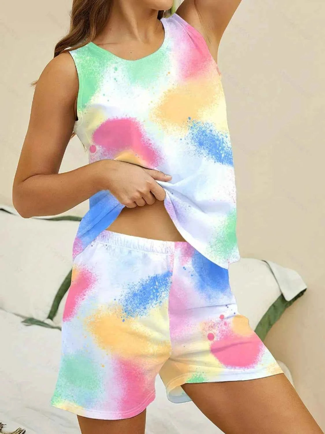 Printed Round Neck Top and Shorts Lounge Set