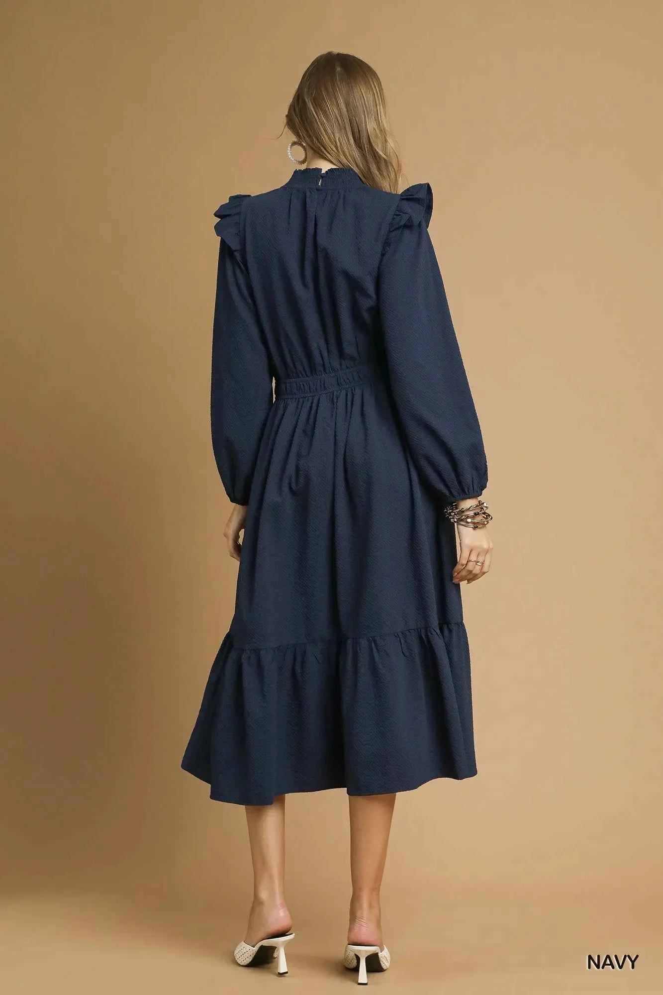 Umgee Textured Midi Dress with Ruffle Shoulder Detail