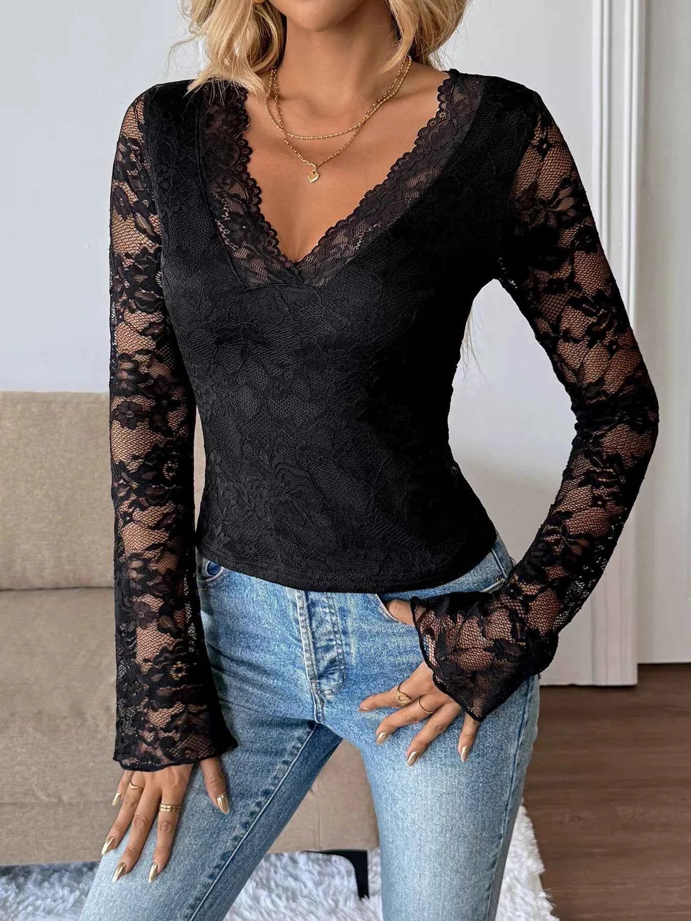 Lace V-Neck Long Sleeve T-Shirt