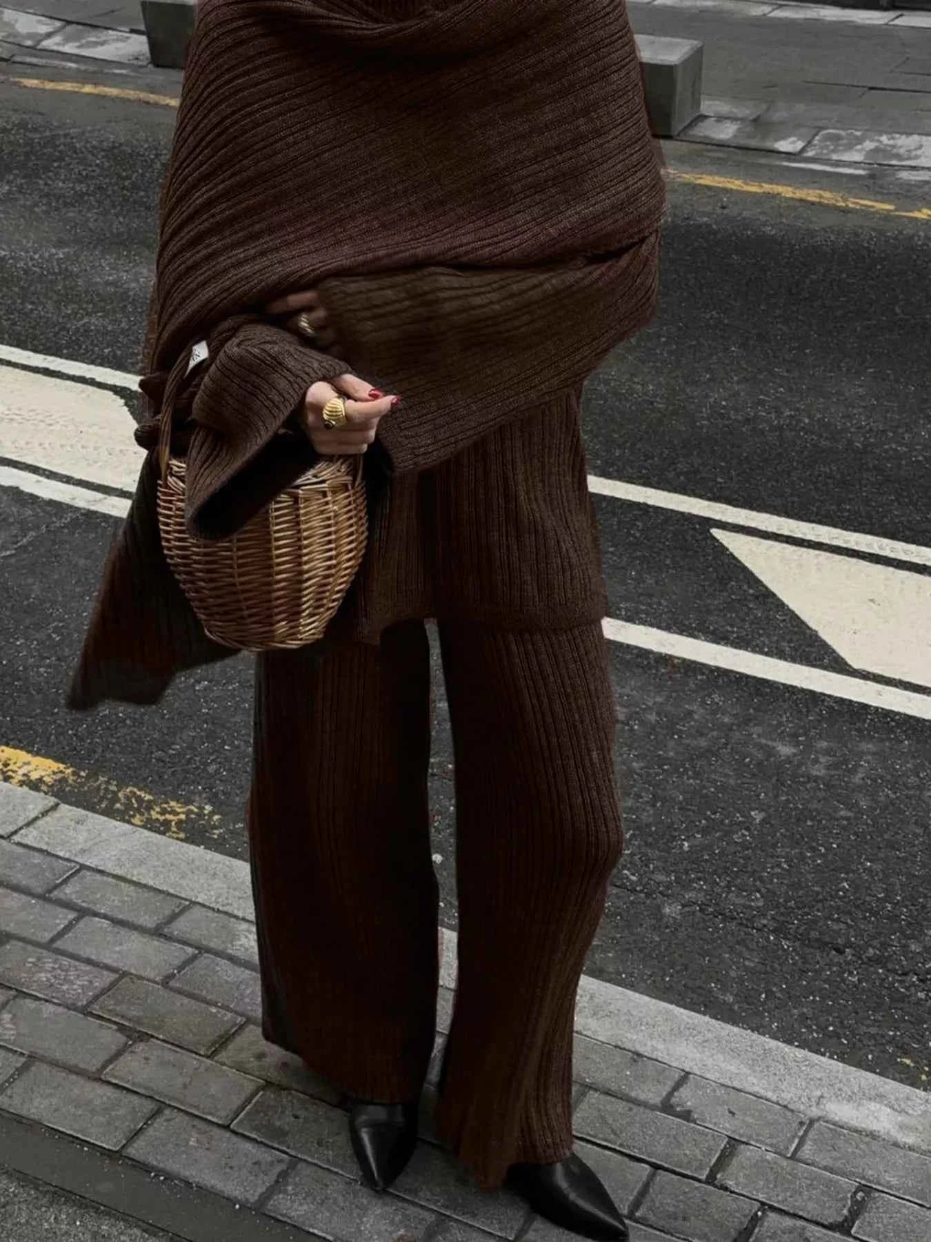 3-Piece Crew Neck Ribbed Sweater and Wide-Leg Pants Set with Scarf