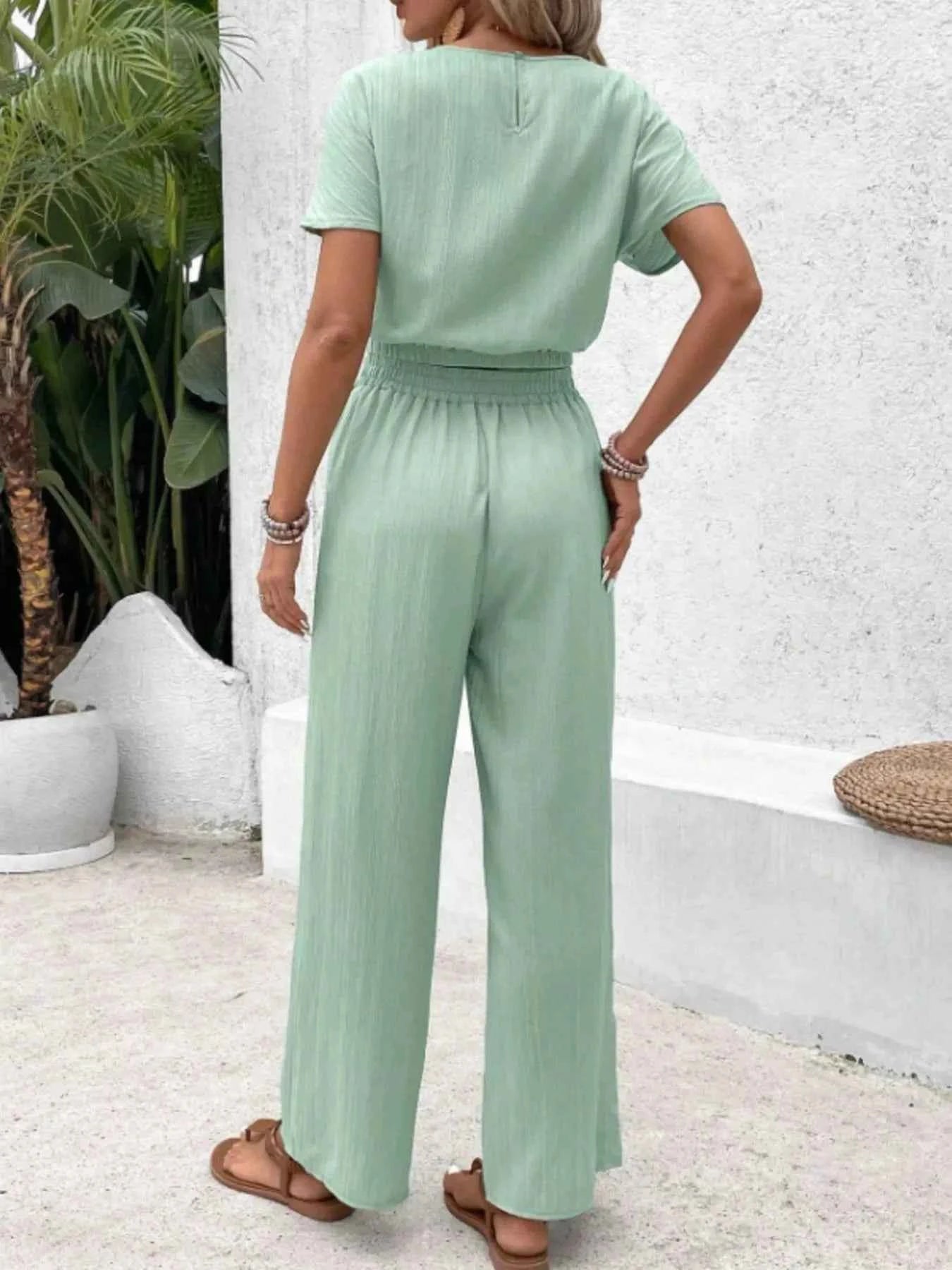Round Neck Short Sleeve Top and Pants Set