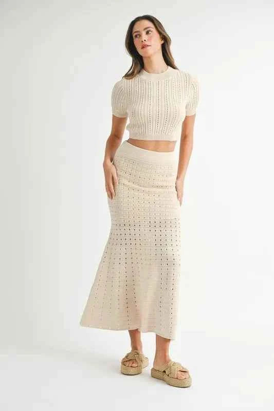 MABLE Pointelle Short Sleeve Crop Top and Slit Skirt Sweater Set