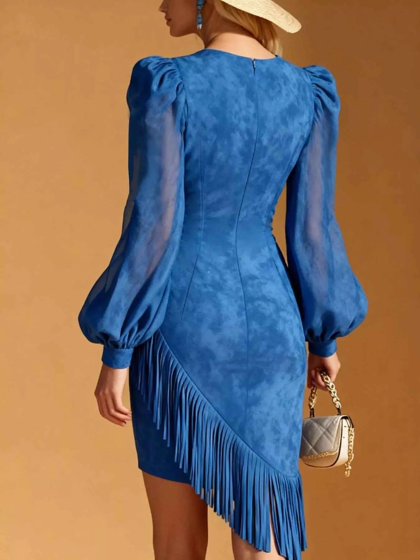 Suede Fringe V-Neck Mini Dress