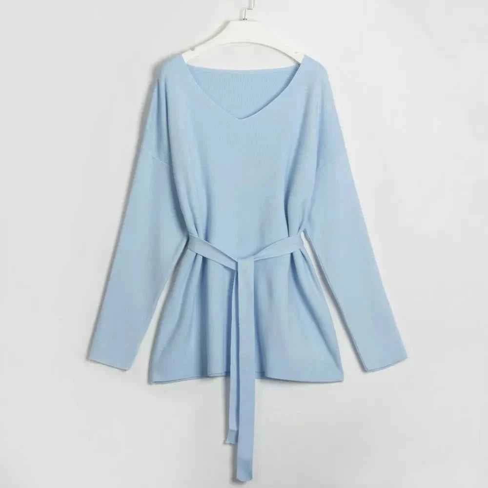 V-Neck Long Sleeve Top and Drawstring Pants Sweater Set