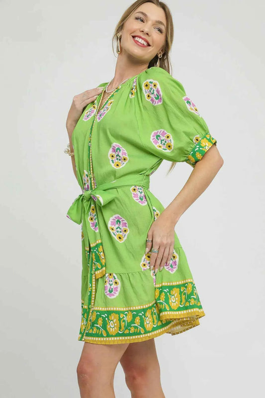 Umgee Floral Print Tie Waist Short Sleeve Dress