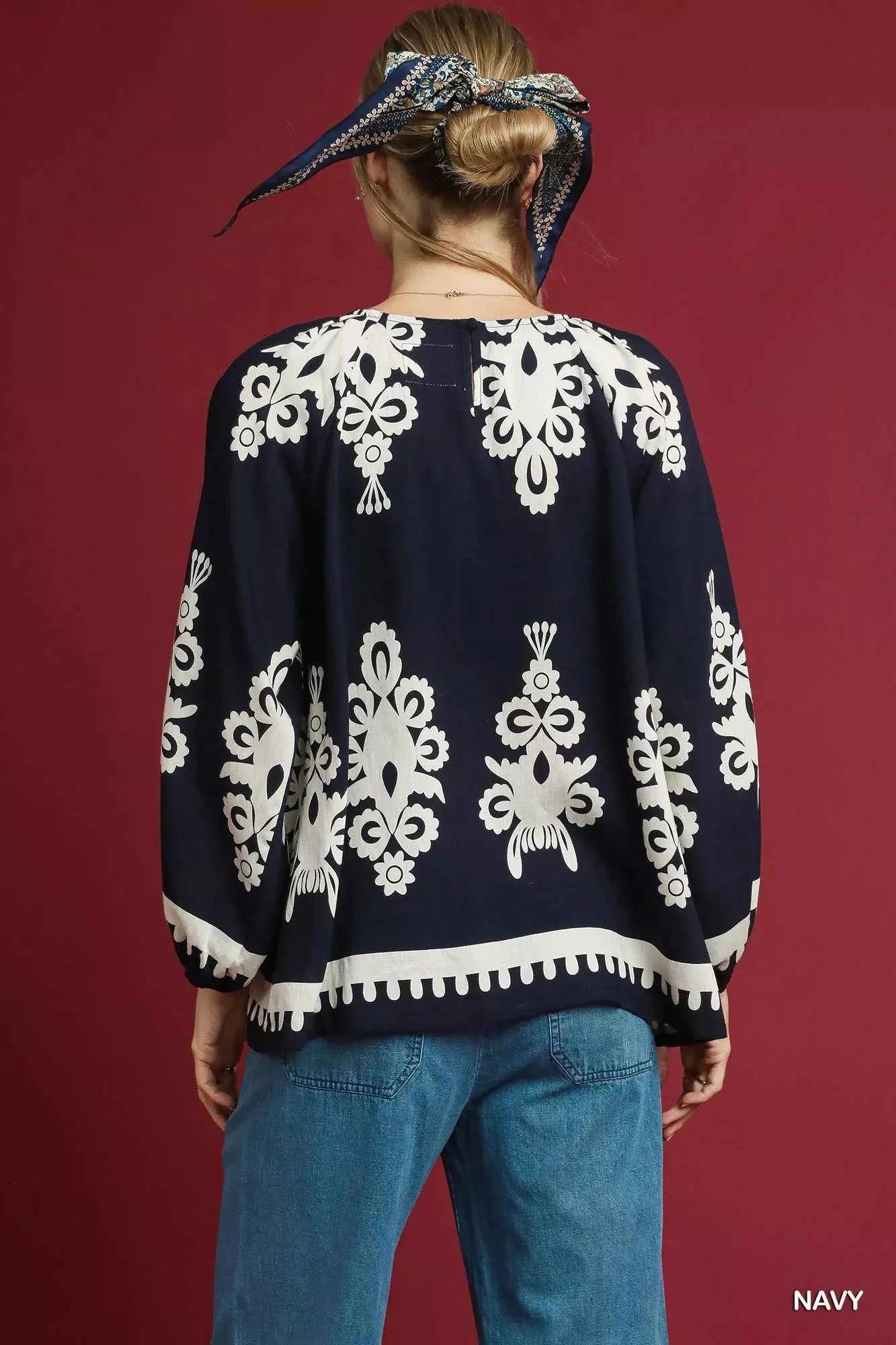 Umgee Two Tone Border Print Top with Balloon Sleeves