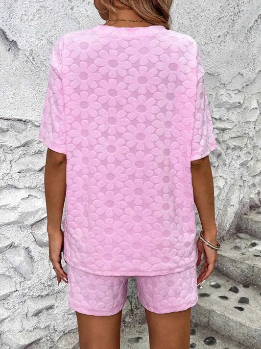 Flower Round Neck Top and Shorts Lounge Set