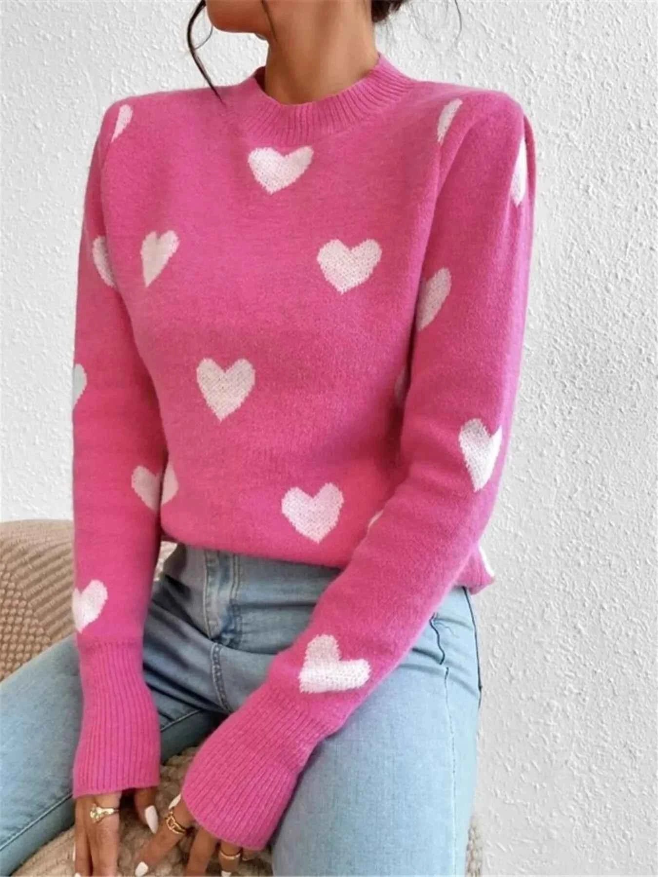Heart Pattern Round Neck Sweater