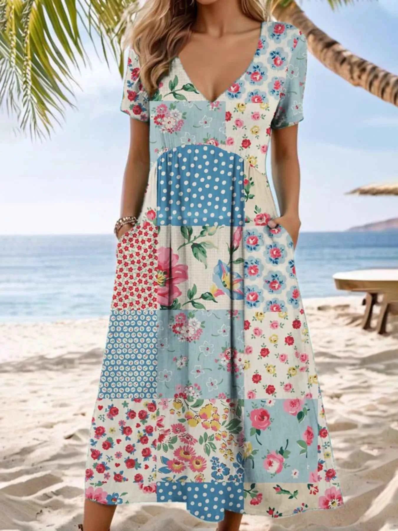 Full Size Floral V-Neck Casual Midi Dress Plus Size