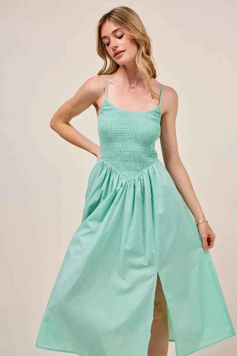 SO ME Smocked Sleeveless Casual Everyday Dress With Slit