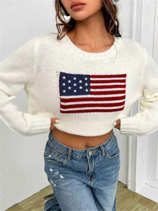 US Flag Round Neck Long Sleeve Sweater