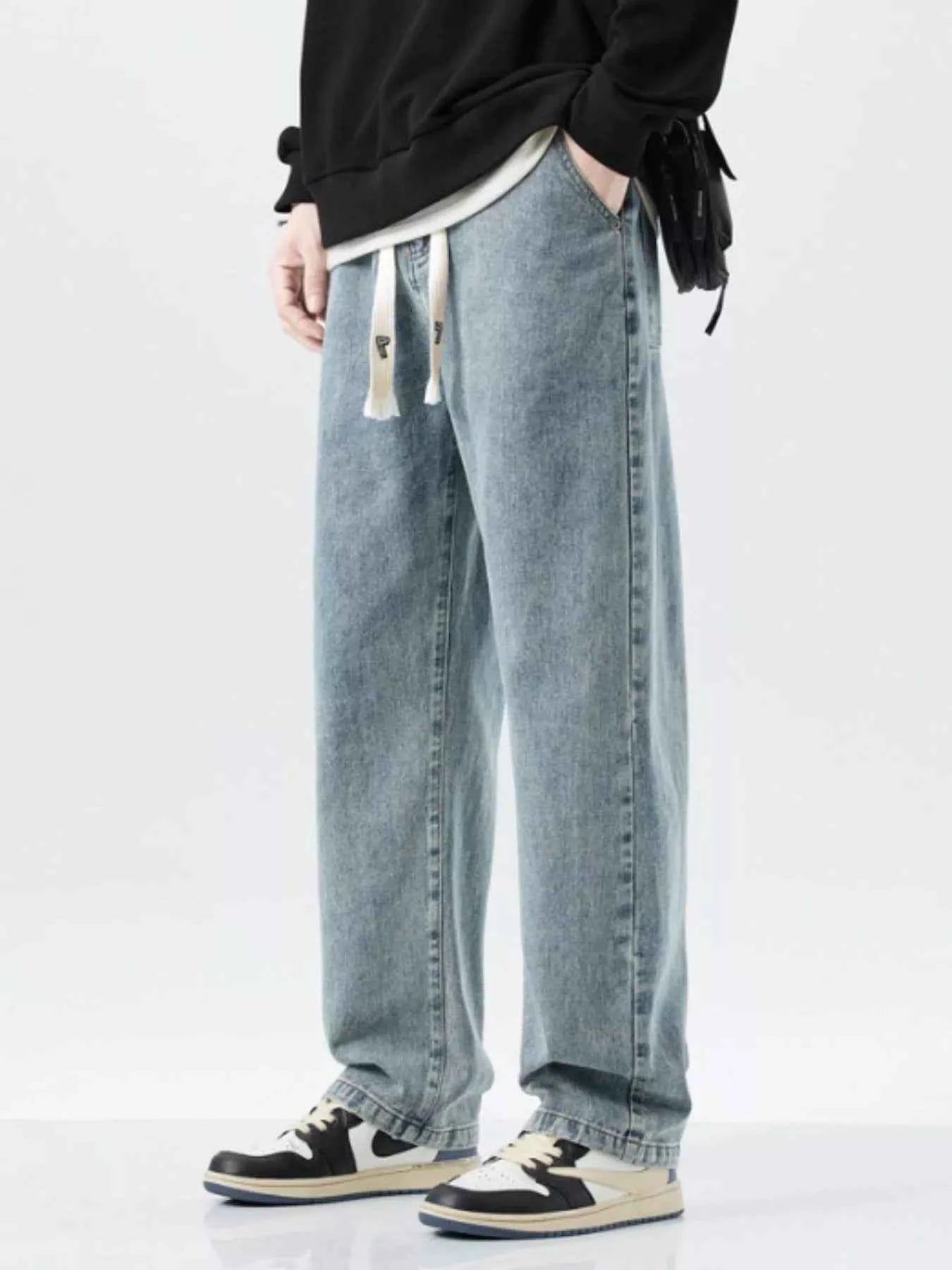 Men's Plus Size Drawstring Washed Wide Leg Jeans