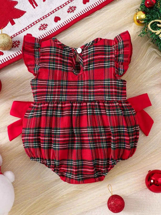 Children's Christmas Plaid Ruffle Sleeve One-Piece