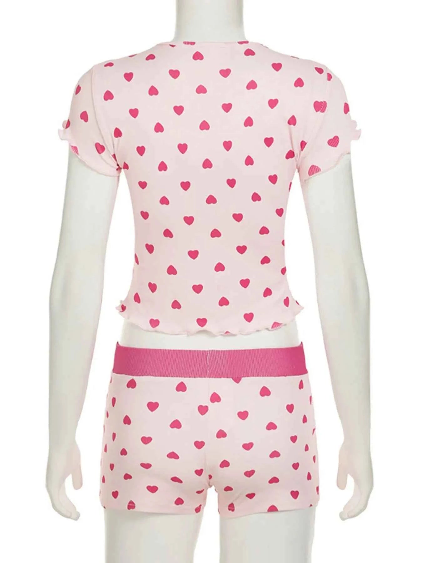 Heart Print Top and Shorts Loungewear Set