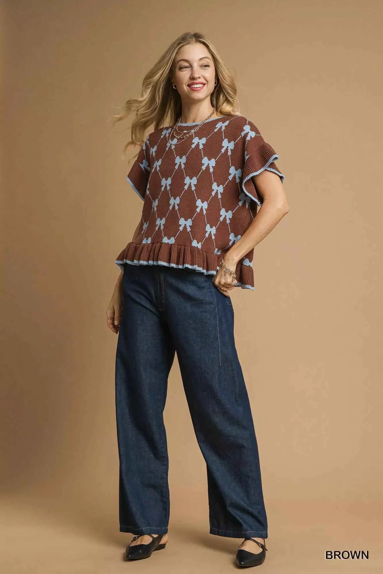 Umgee Bow Knit Ruffle Sleeve Sweater
