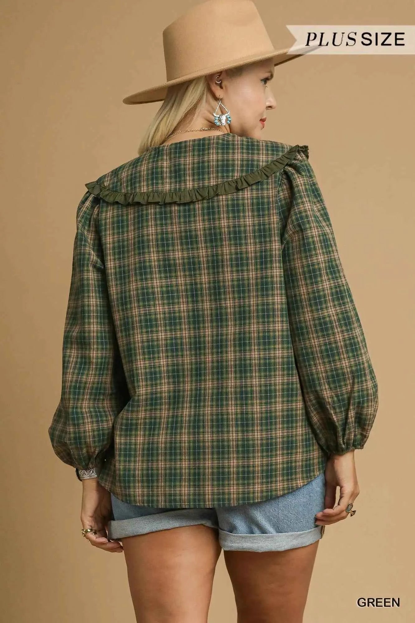 Umgee Full Size Plaid Ruffle Collar Blouse Plus Size