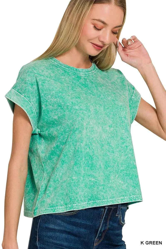 Zenana Halo Washed Cotton Cuffed Short Sleeve Top