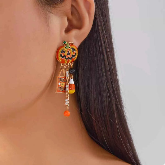 Halloween Rhinestone Pumpkin Drop Earrings