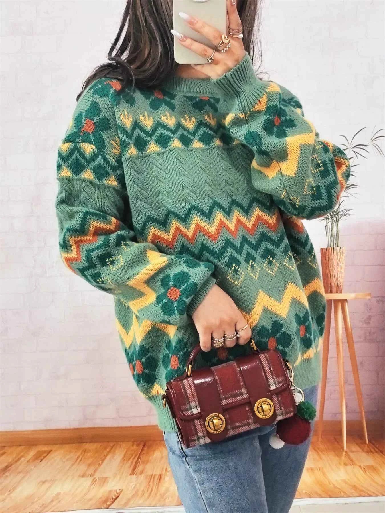 Geometric Round Neck Long Sleeve Sweater