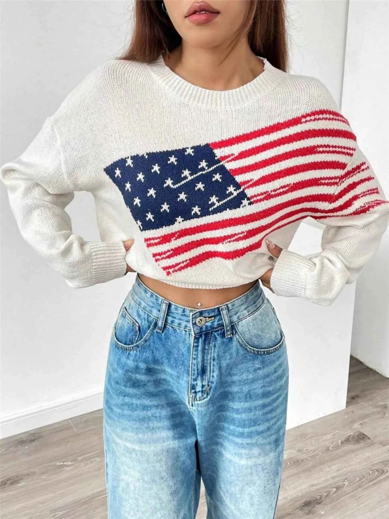US Flag Round Neck Long Sleeve Sweater