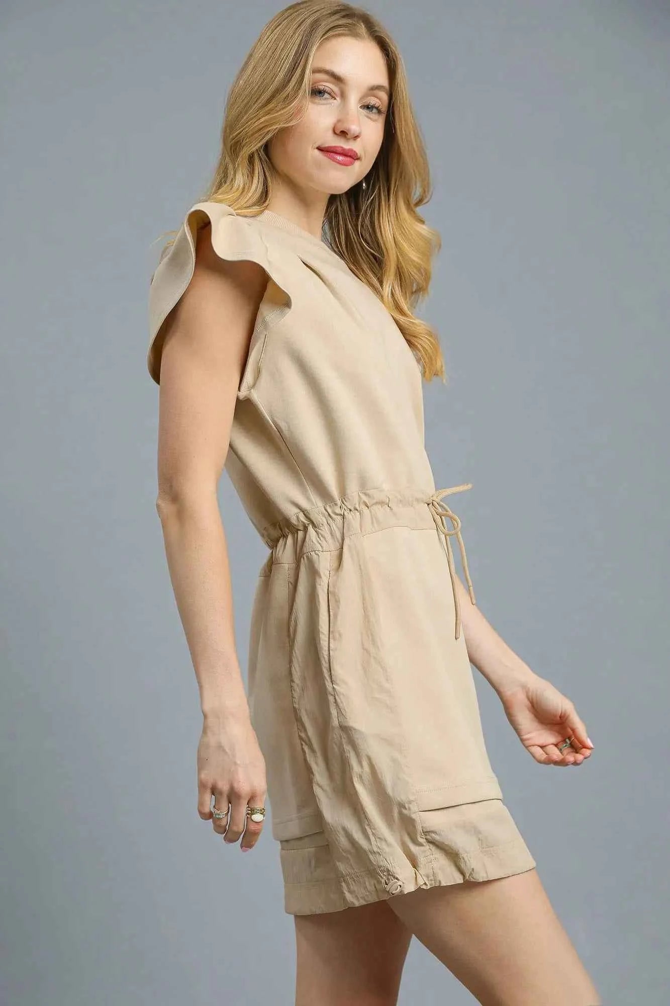 Umgee Luxe knit Ruffle Sleeve Drawstring Mini Dress