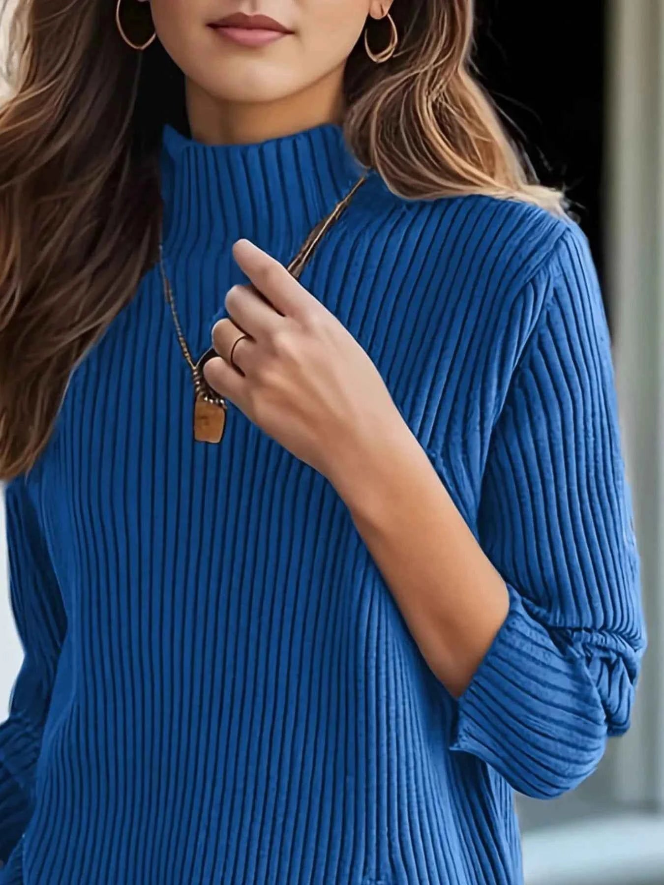 Ribbed Turtleneck Sweater with Side Slit Detail