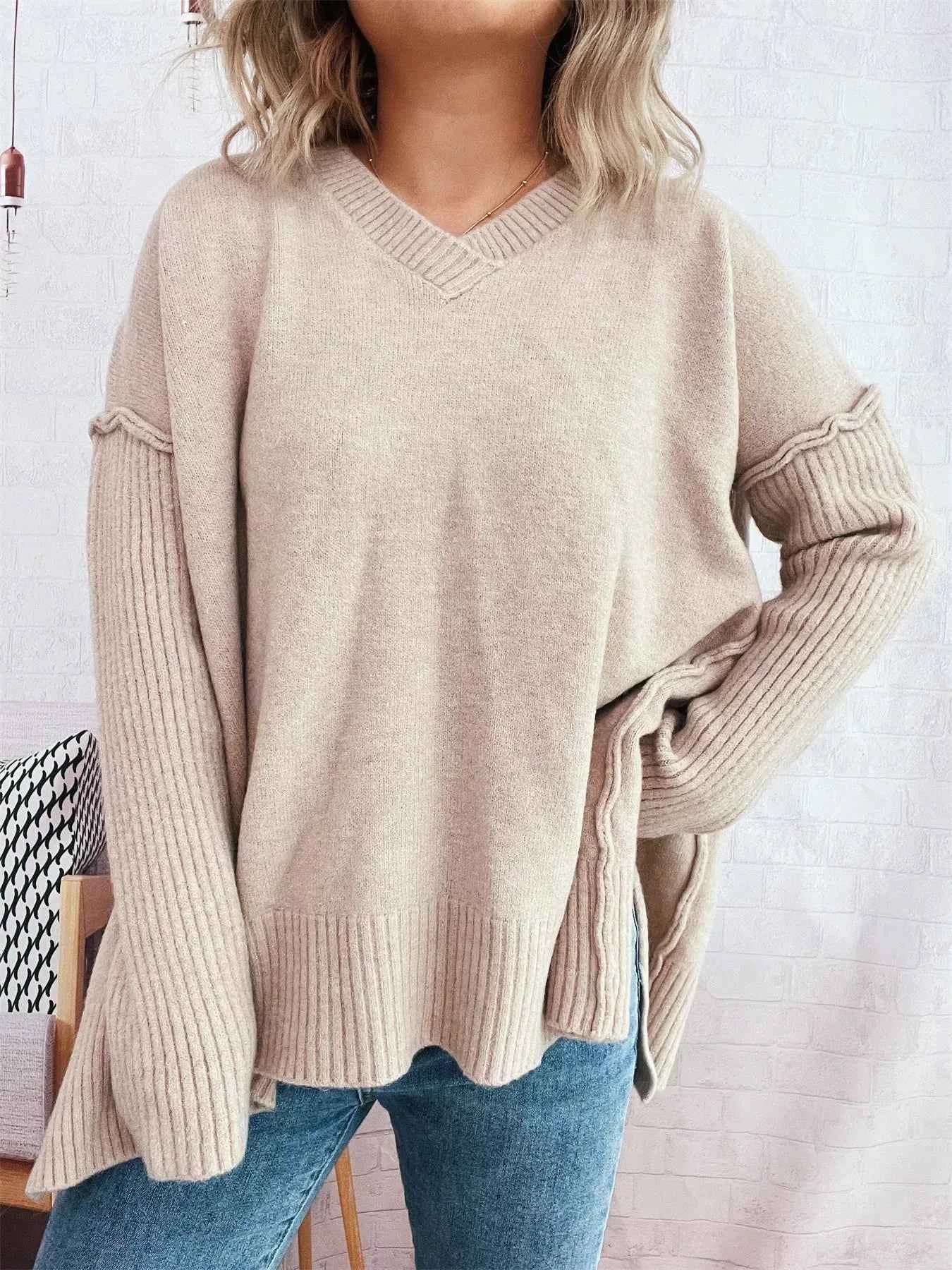 V-Neck Dropped Shoulder Sweater
