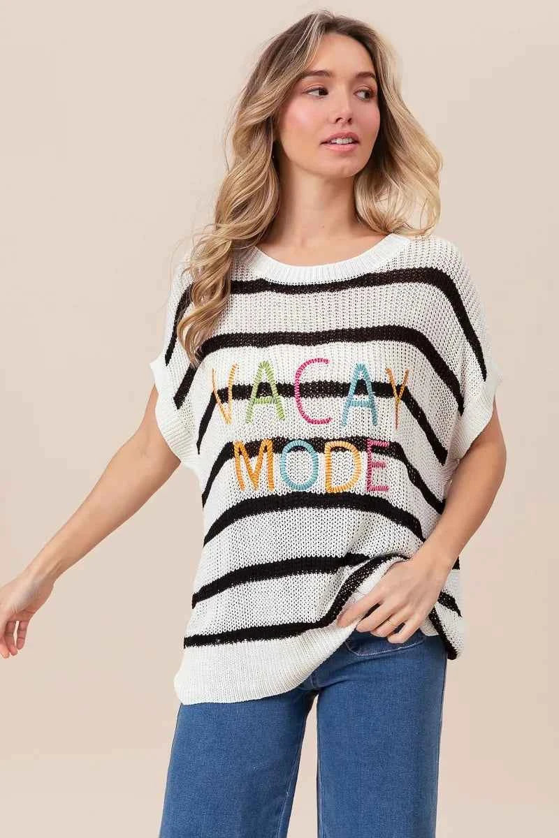 BiBi Vacay Mode Lettering Drop Shoulder Striped Sweater