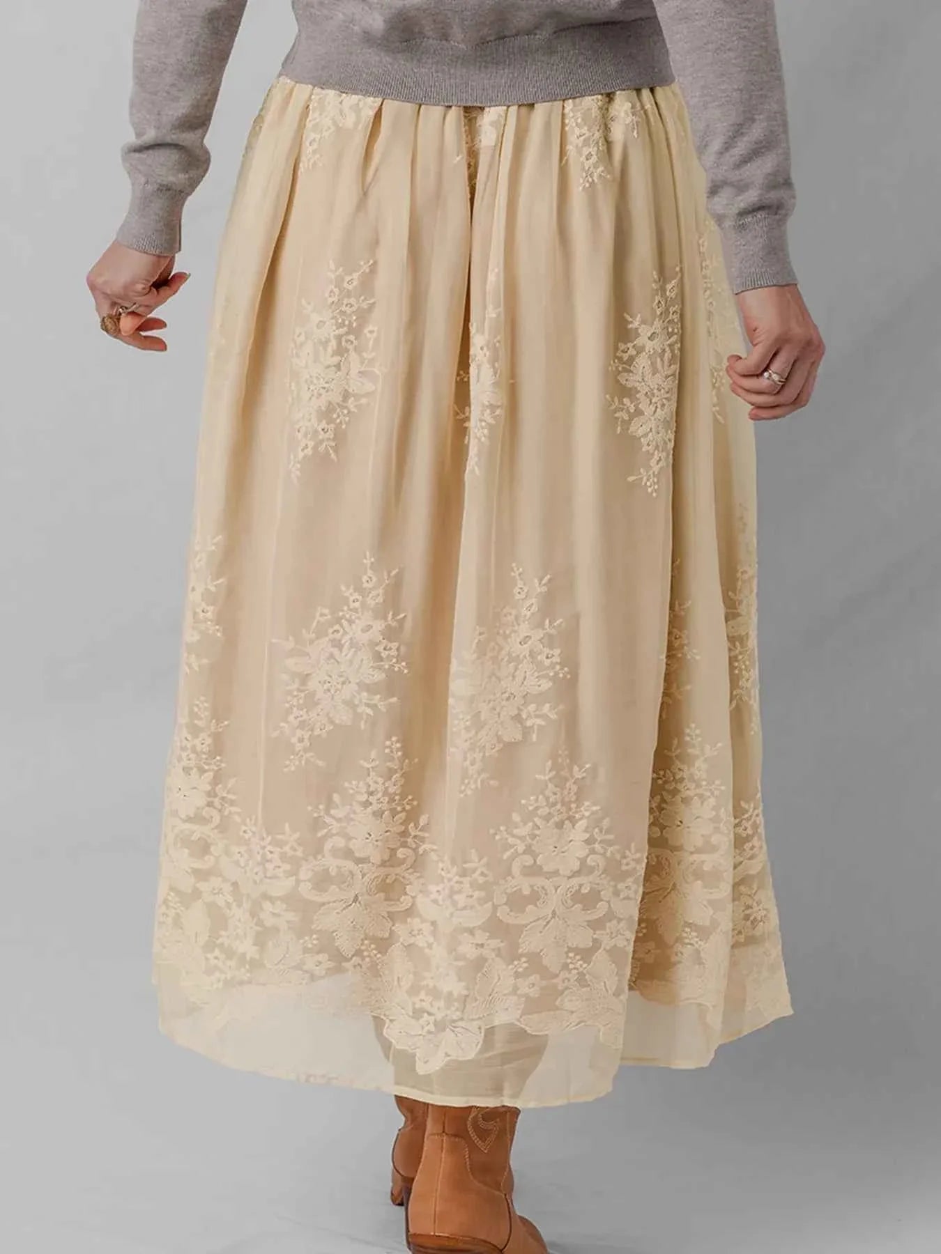 Embroidered Mesh Overlay Flowy Midi Skirt