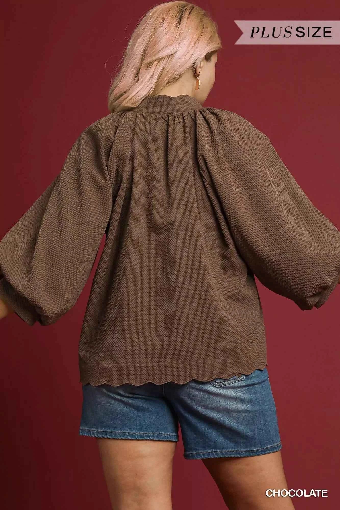 Umgee Full Size Textured Notched Balloon Sleeve Blouse Plus Size