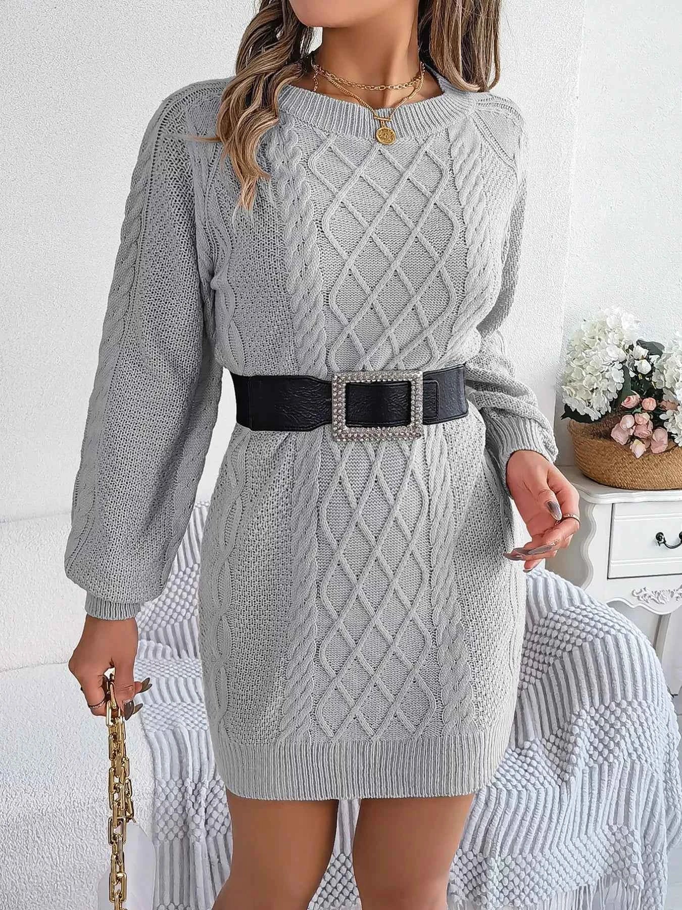 Diamond Cable Knit Sweater Dress with Long Sleeves