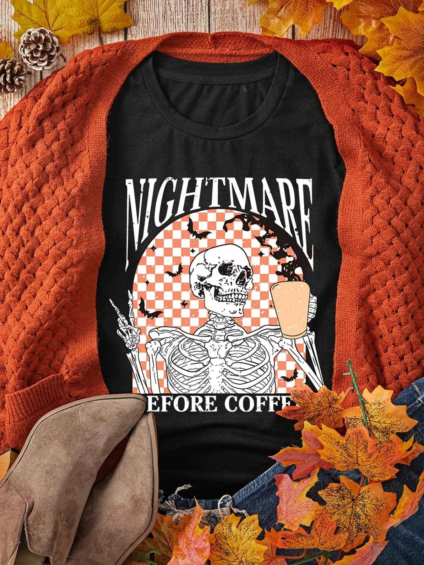Halloween Skull Checkerboard Graphic Round Neck Tee